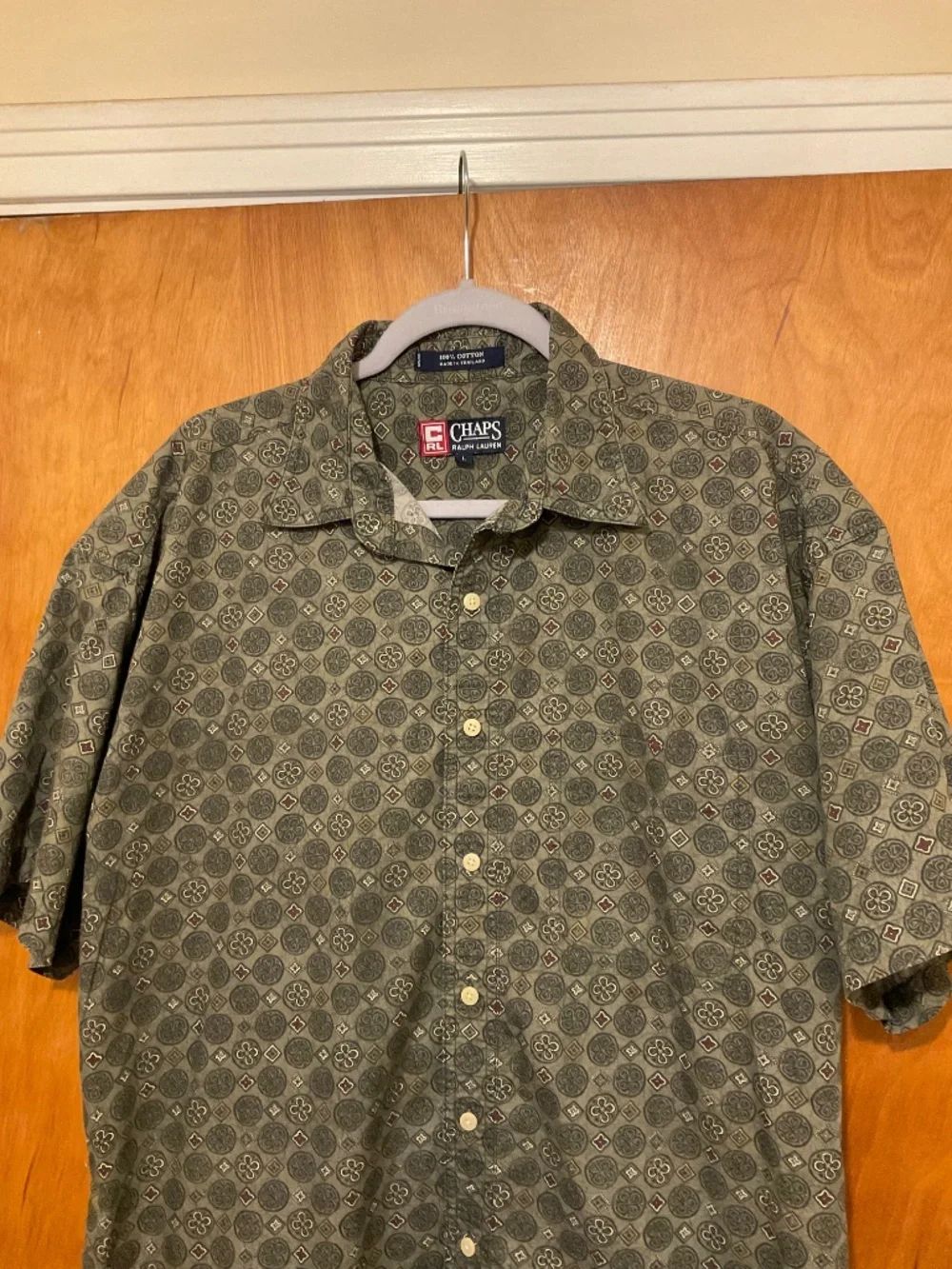 Chaps Ralph Lauren Men’s Shirt L Geometric Print Button Short Sleeve OliveGreen